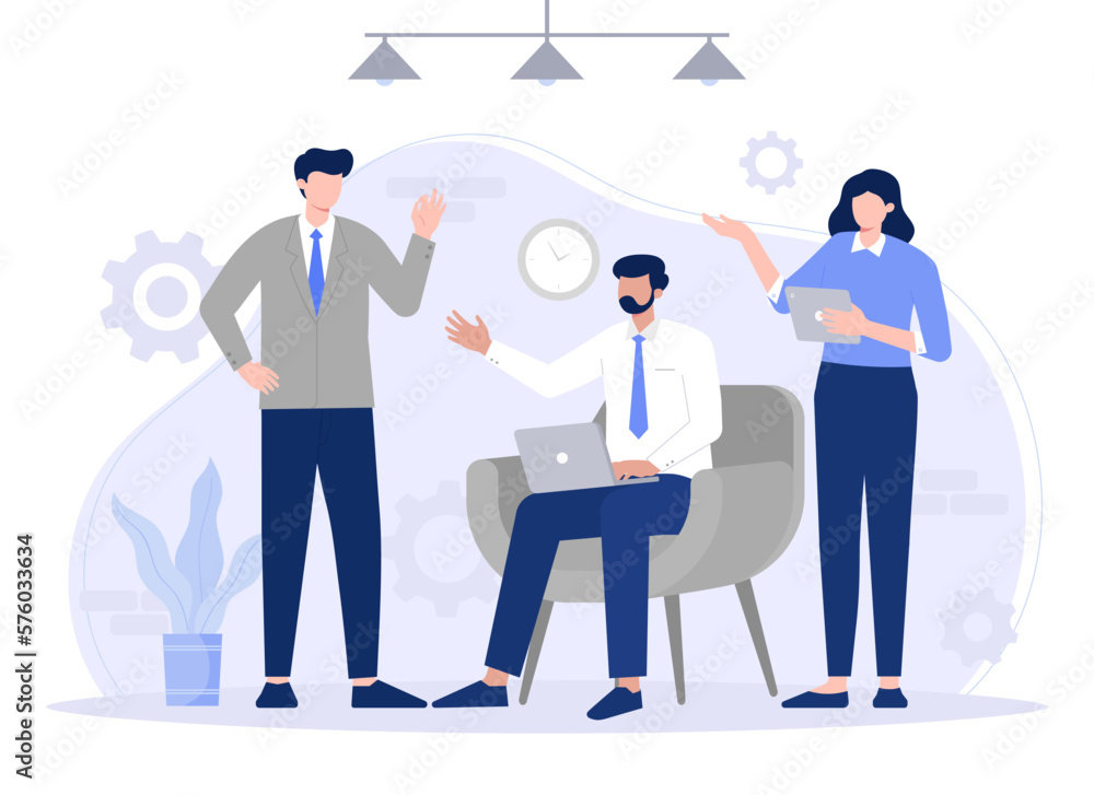 Flat hand drawn formal people working and discussing indoors. Modern vector flat illustration. Flat hand drawn formal people working and discussing indoors. Modern vector flat illustration.