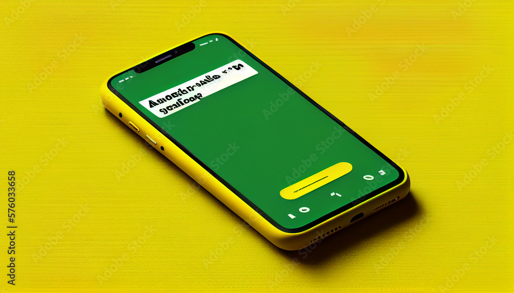 Fototapeta premium A modern image of a phone mockup without a hand, featuring a green smartphone on a bright yellow background with bold typography.