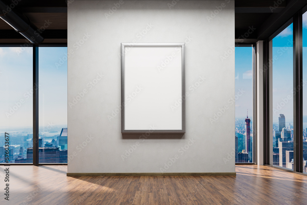 large office with centered white wall and white canvas; copy space in front of panoramic window skyline view, 3D Illustration large office with centered white wall and white canvas; copy space in front of panoramic window skyline view, 3D Illustration
