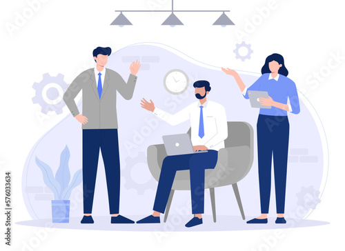 Flat hand drawn formal people working and discussing indoors. Modern vector flat illustration.