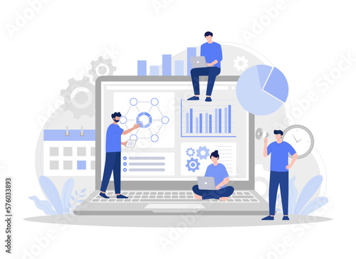 Creative teamwork. Building a business project on the Internet. Modern vector flat illustration
