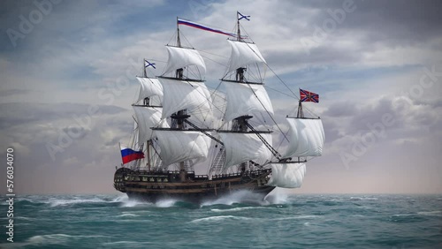 Sailboat floating in the stormy ocean