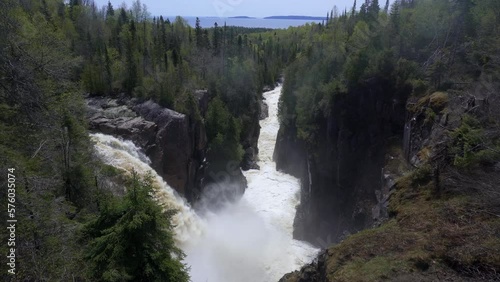 Aguasabon Falls and Gorge in Terrace Bay, Ontario, Canada along Lake Superior. Beautiful ferocity in the spring. Waterfall cascades into the Aguasabon Gorge in Canadian wilderness.