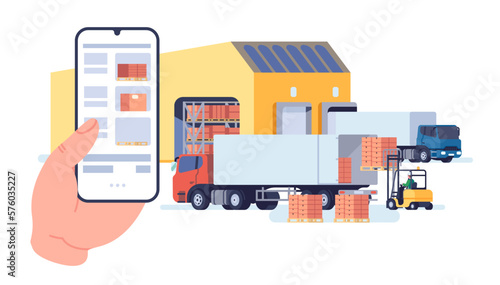 Warehouse with trucks and cargo crates. Storehouse shipping control. Freight distribution. Mobile app. Cardboard boxes shipment. Forklift or lorry. Logistics management. Vector concept