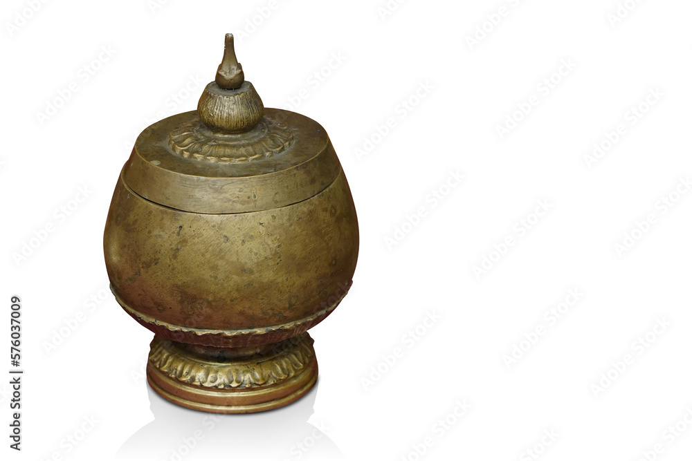 antique gold brass jar and lid on white background, object, decor, vintage, religion, buddha, worship, background, copy space antique gold brass jar and lid on white background, object, decor, vintage, religion, buddha, worship, background, copy space