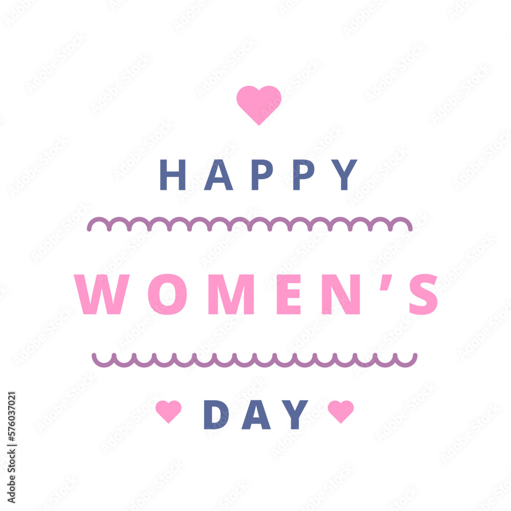 A pink and blue happy women's day card with a heart and a pink heart on it.