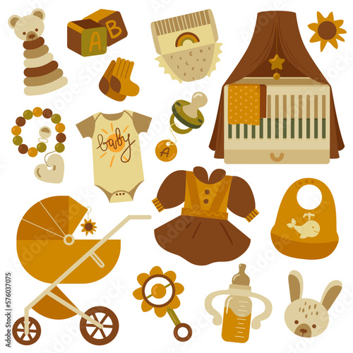 Set of baby shower elements  vector monochrome sepia color palette. Newborn icons.
