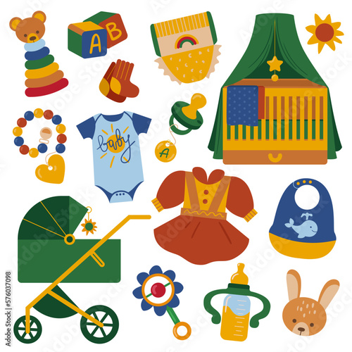 Set of baby shower colorful vector elements. Newborn icons.