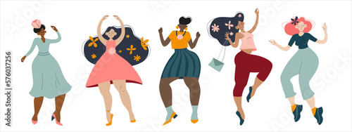 Happy dancing and jumping women having fun. Multi etnic girls vector characters. Happy international women's day illustration.