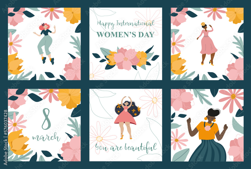 Set of International women's day postcards. Beautiful vector illustrations with dancing women and flowers. Illustrations for cards, posters, flyers, banners and etc.
