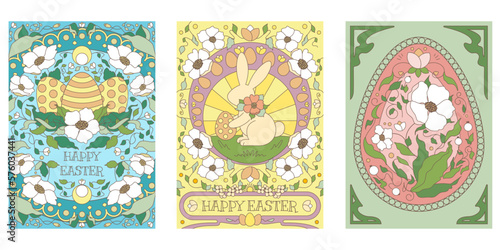 Happy Easter vector postcards with a cute rabbit, eggs and flowers. Floral illustration for greetings, postcards, banners, invitations in old, vintage, art nouveau style. Floral vector ornament in pas