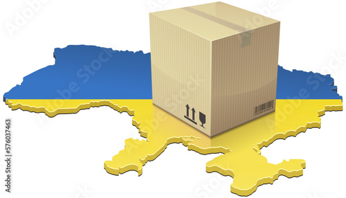 3D map of Ukraine in blue and yellow colors of the Ukrainian flag with in delivery cardboard package lying on it (cut out)