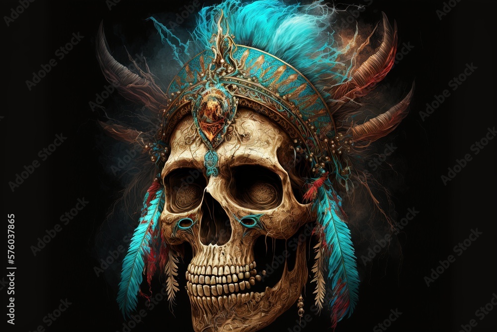 Painted shaman skull on a black background. Voodoo, spiritual practices, magic, mystical artifact, folk beliefs, high resolution, art, generative artificial intelligence