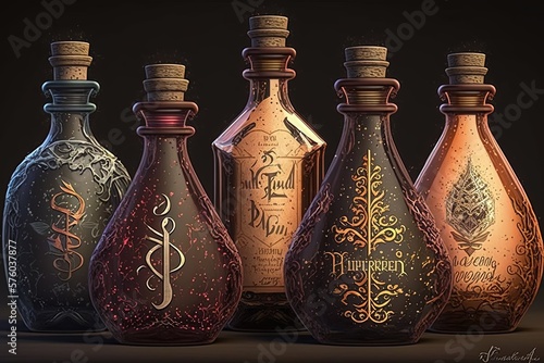 Five bottles with potions for spells on a black background. Alchemy, the law of equal exchange, magic, ingredients, medicinal herbs, high resolution, art, generative artificial intelligence photo