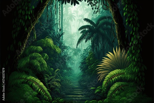 Jungle after a heavy rainy season. Green dominant  wildlife  tropics  high humidity  heat  travel  outdoor activities  high resolution  art  generative artificial intelligence