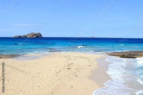 The paradisiacal beach of Cala Conte in Ibiza in the Balearic Islands. Fantastic sea and white sand beaches.