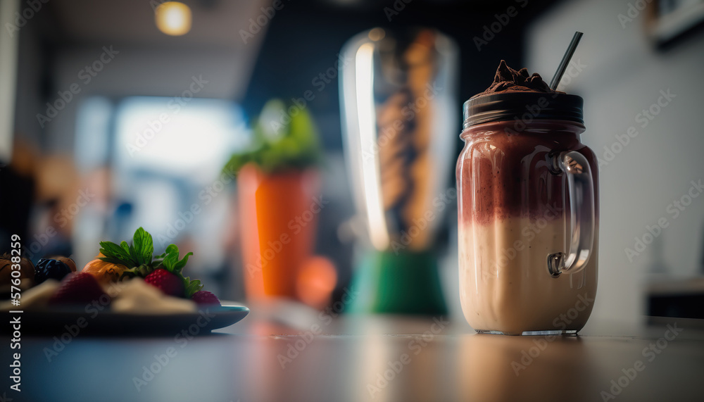 Clothe up tasty fresh smoothie on blurred cafe interior background. Healthy delicious beverage. Organic food. AI generative image.