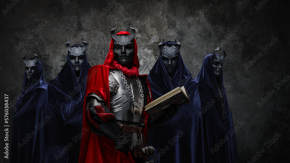 Portrait of occult brotherhood and their leader with book against dark background.