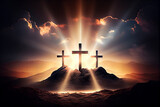 Three cross on the mountain with sun light, belief, faith and spirituality, crucifixion and resurrection of Jesus Christ at Easter, generative AI 