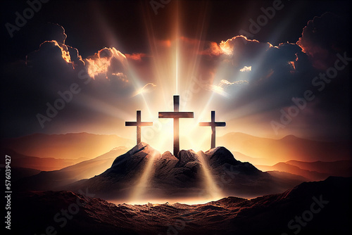 Leinwand Poster Three cross on the mountain with sun light, belief, faith and spirituality, cruc