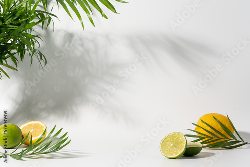 Fototapete White background with palm leaves, lemon and lime slices