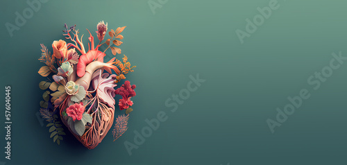 Fényképezés Human heart with flowers, love and emotion concept, good hearted person, help an