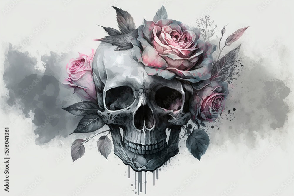 Skull with red roses, watercolor tattoo style, tattoo design skull, generative ai