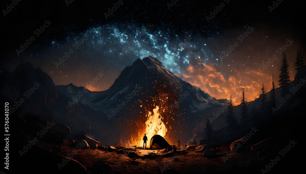 Under a Starry Sky: A Captivating Scene of the Milky Way, Mountains, and Campfire