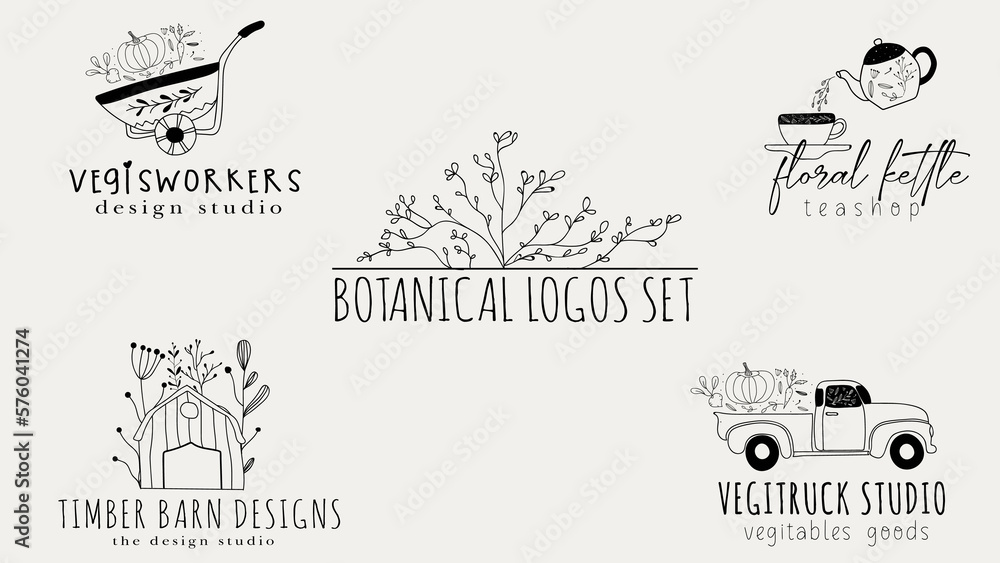 Botanical Floral Farming Hand Drawn Logos Collection set