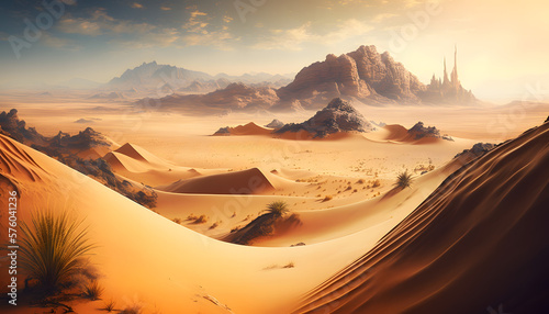Desert Dreamscape: Awe-Inspiring View of Sandy Dunes and Mountainous Terrain in Clear Focus