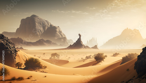 Endless Horizons  Majestic Desert Landscape with Pristine Sand Dunes and Towering Mountains