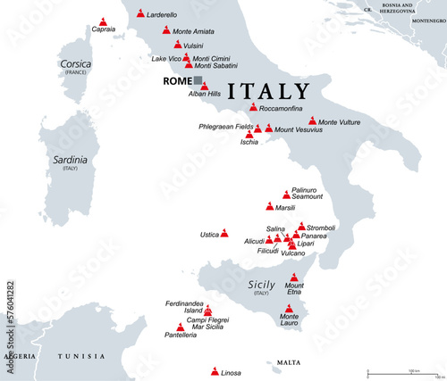 Italy, active and extinct volcanoes, political map. Active, dormant and underwater volcanoes in Italy, a volcanically very active country, containing the the only active volcanoes in mainland Europe.