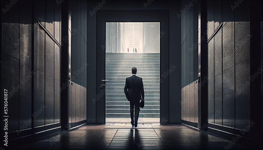 An image of a businessman leaving an elegant commercial building --ar 16:9