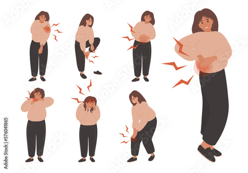 Set of woman suffering from various type of pain. Health Problem, Disease Symptoms and Unhealthy Body Sickness. Cartoon flat vector Illustration
