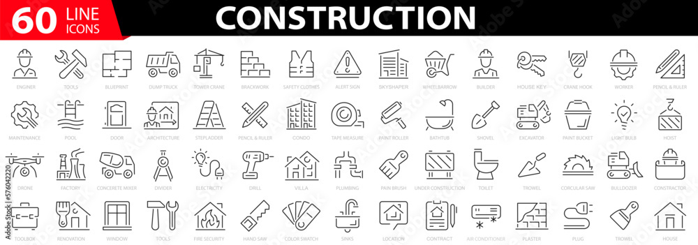 Set 60 construction icons. Build and construction icon. Building, repair tools. Thin line web icons collection. Vector illustration - obrazy, fototapety, plakaty 
