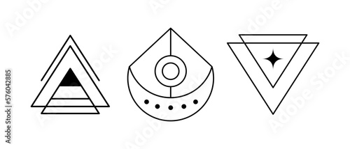 Vector linear esoteric amulets collection. Isolated Crescend and triangle shapes on white