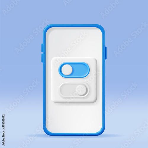 3D On and Off Buttons Switch in Smartphone Isolated. Render Slider Bars Selector in Mobile Phone. Switcher Yes or Not. Off and On Position in Circle Shape. Unlock and Lock. Vector Illustration