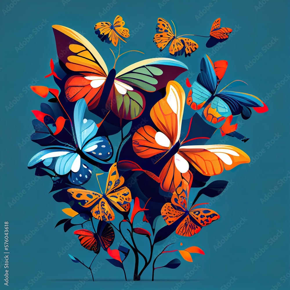 Illustration of colorful butterflies, Generative Ai Illustration of colorful butterflies, Generative Ai