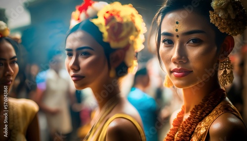 Balinese celebrating “Galungan and Kuningan” in Bali temple, Generative AI