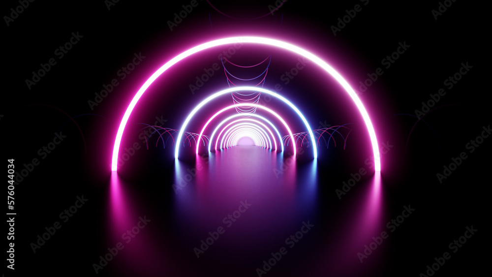 Neon Line Tunnel glowing　Fluorescent light corridor stage  3D illustration background