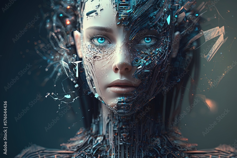 A woman cyberpank with chipping head. Exoskeleton, hydraulics, transhumanism, danger, technological development, high resolution, art, generative artificial intelligence A woman cyberpank with chipping head. Exoskeleton, hydraulics, transhumanism, danger, technological development, high resolution, art, generative artificial intelligence