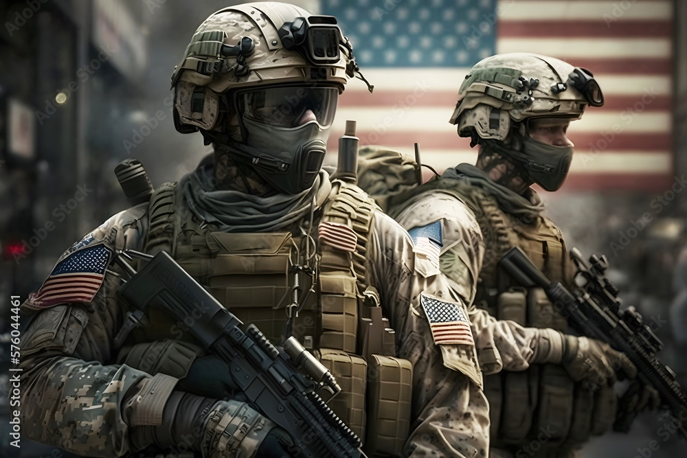 US army soldiers with weapon and united states flag US army soldiers with weapon and united states flag