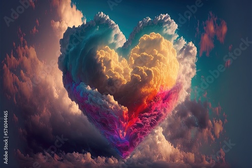A beautiful multi-colored heart made of clouds in the sky. Airplane exhaust declaration of love, watercolor style, high resolution, art, generative artificial intelligence