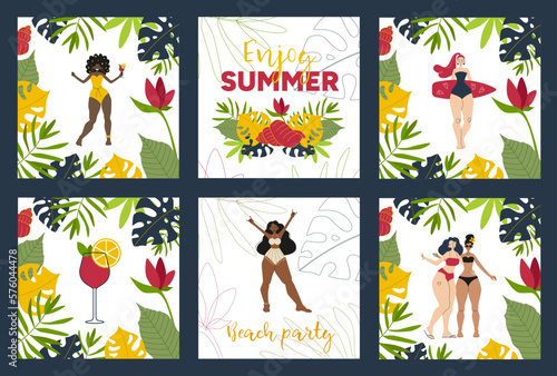 Set of summer tropical girls postcards. Beautiful vector illustrations with women and tropical leaves and flowers. Illustrations for invitations  postcards  cards  posters  flyers  banners and etc.