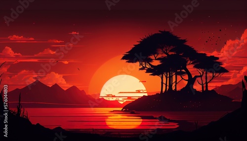 Sunset on the sea with an orange background, Generative Ai