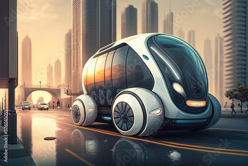 Civillian transport of the future time town motion in a futuristic style against the backdrop of an urban view. New technologies, cyberpunk, high resolution, art, generative artificial intelligence