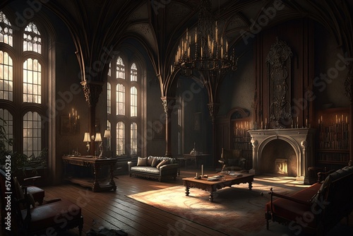 Ancient hall richly decorated but abandoned library. Luxurious interior  gothic style  reading room  rare book collection  spooky atmosphere  high definition  art  generative artificial intelligence