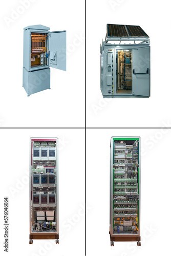 four electrical control cabinets of various designs and purposes, isolated on white background