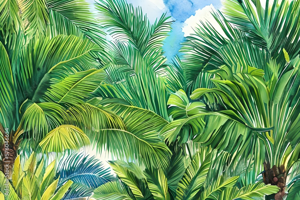 A continuous belt of tropical vegetation. Wallpaper pattern painted in watercolor. Picturesque tropical setting with palm palms. Framed with a handpainted canvas. Generative AI A continuous belt of tropical vegetation. Wallpaper pattern painted in watercolor. Picturesque tropical setting with palm palms. Framed with a handpainted canvas. Generative AI