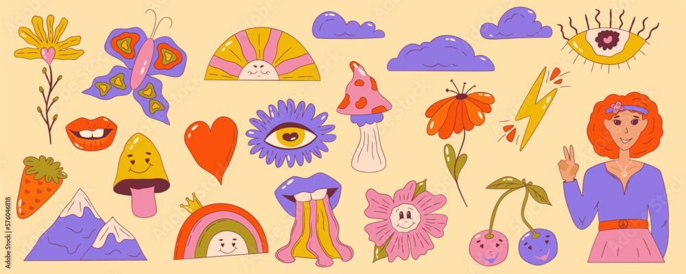 Psychedelic groovy set with girl of Retro 70s elements. Cartoon daisy flowers, sun and rainbow with crown mushrooms, lips clipart. Positive groovy hand drdawn vector isolated symbols with eye